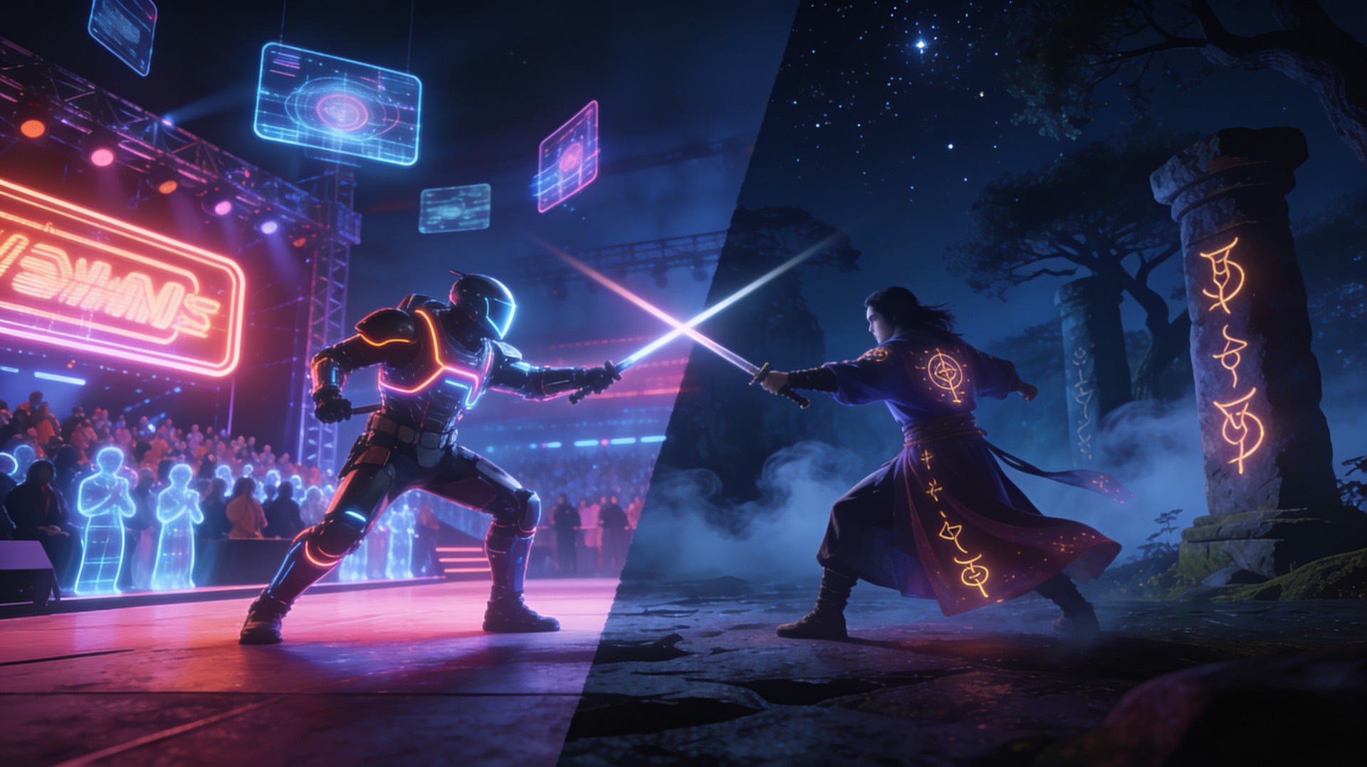 Two figures dueling across a split world, half neon broadcast stage and half enchanted midnight realm